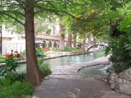 Walkway alongside city canal with trees and restaurants