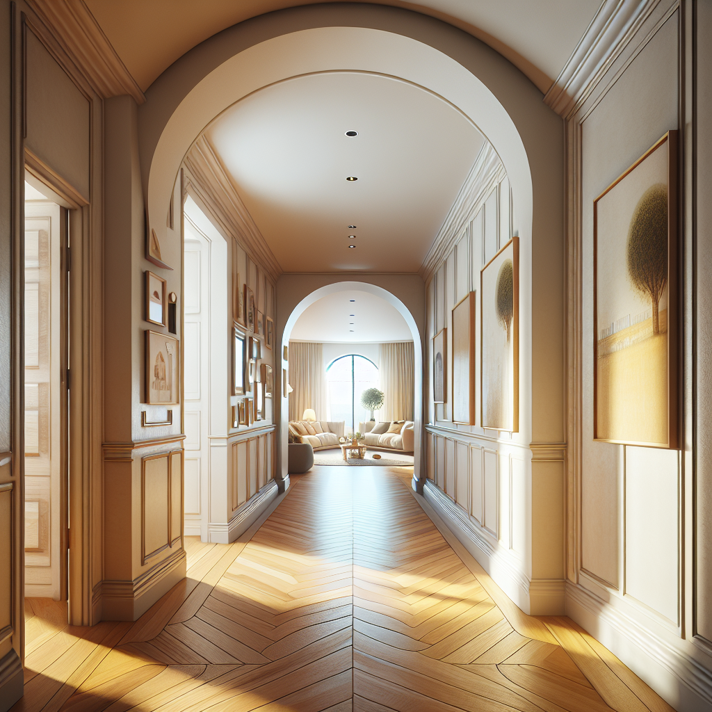 Elegant arched hallway with classical wall paneling, herringbone wooden flooring, and gallery wall leading to bright living area.