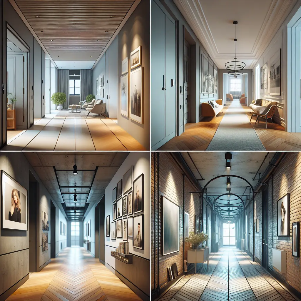 Four contemporary hallway designs showcasing different styles: minimalist entrance, traditional gallery, modern industrial, and classic curved hallway with natural lighting and architectural details.