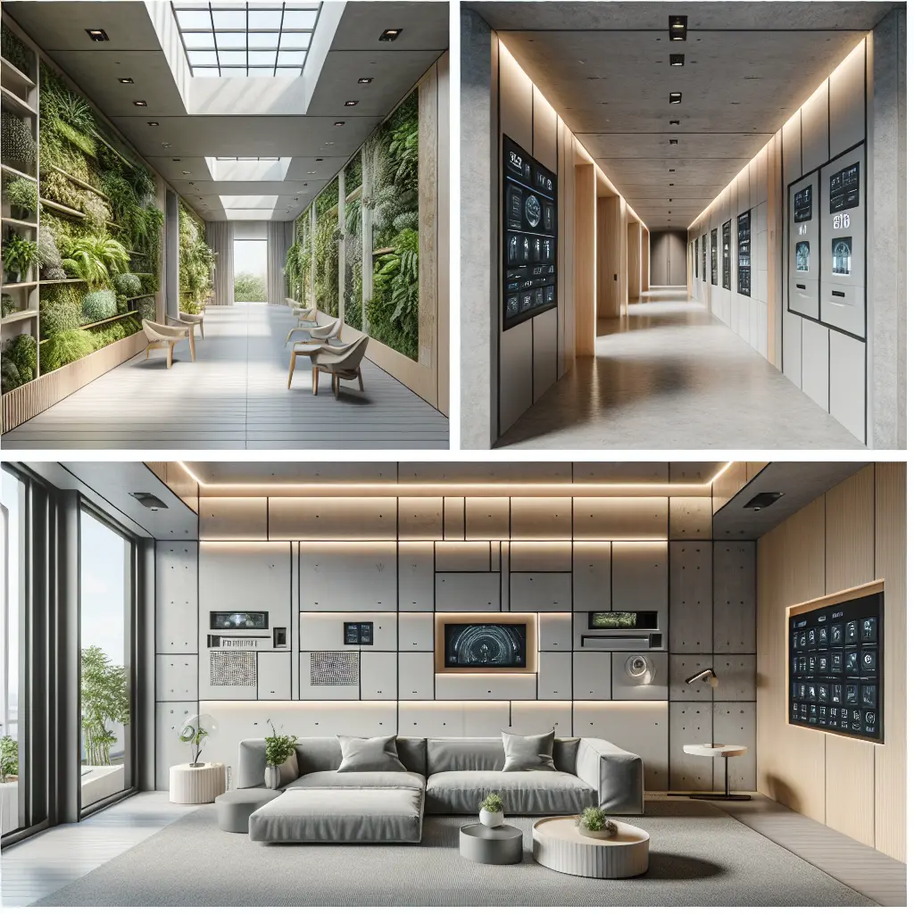 Modern hallway innovations featuring living wall installation, smart technology integration, and minimalist lounge area with interactive displays.