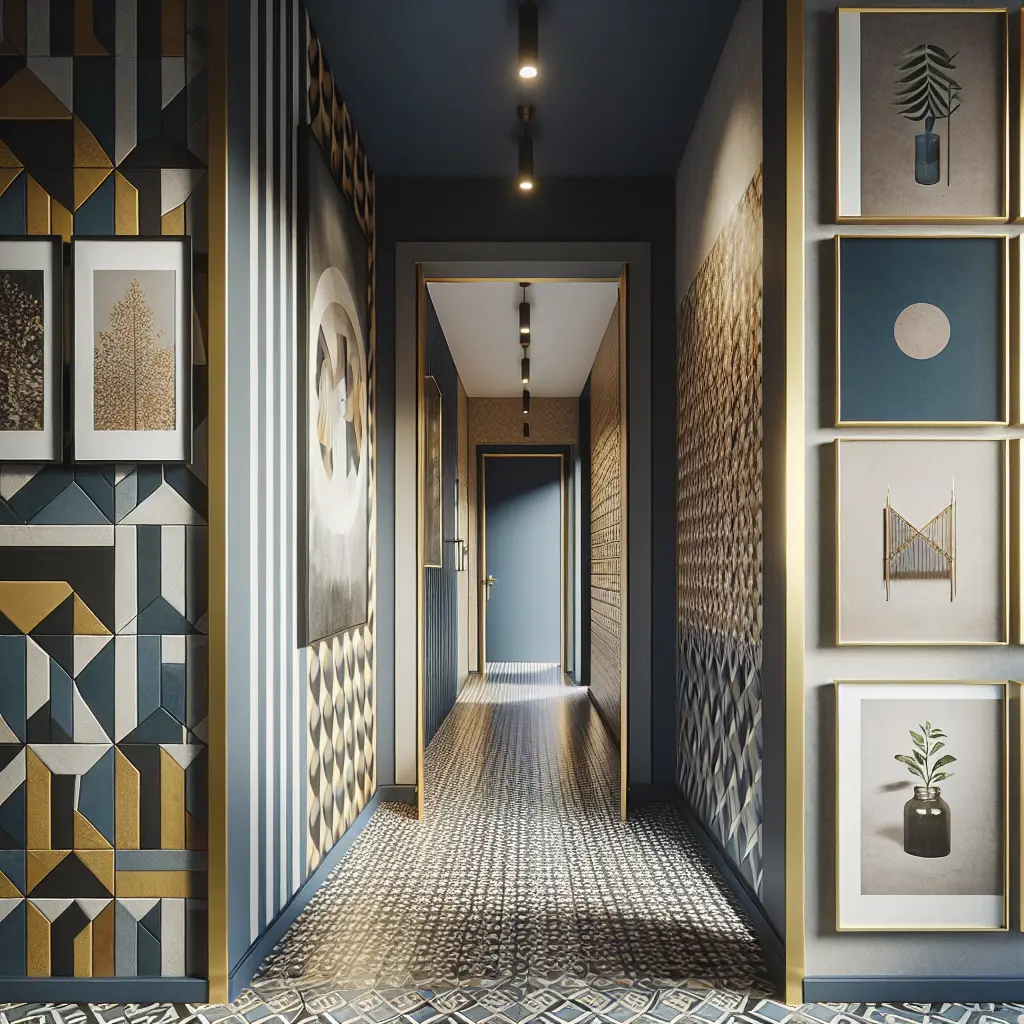 Contemporary narrow hallway with dramatic geometric wallpaper, modern art gallery, and gold accents featuring bold pattern mixing