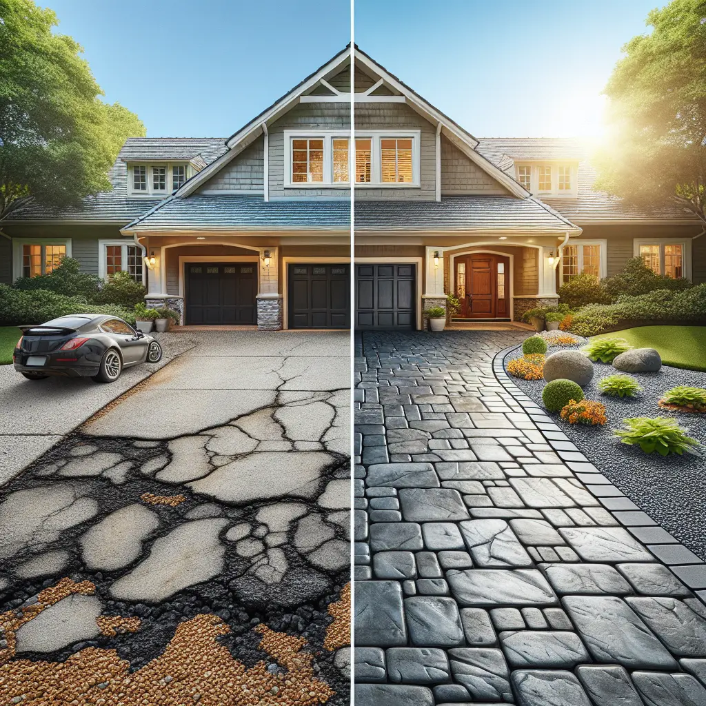 Before and after comparison of a Craftsman-style home's driveway showing transformation from cracked concrete to elegant stone pavers