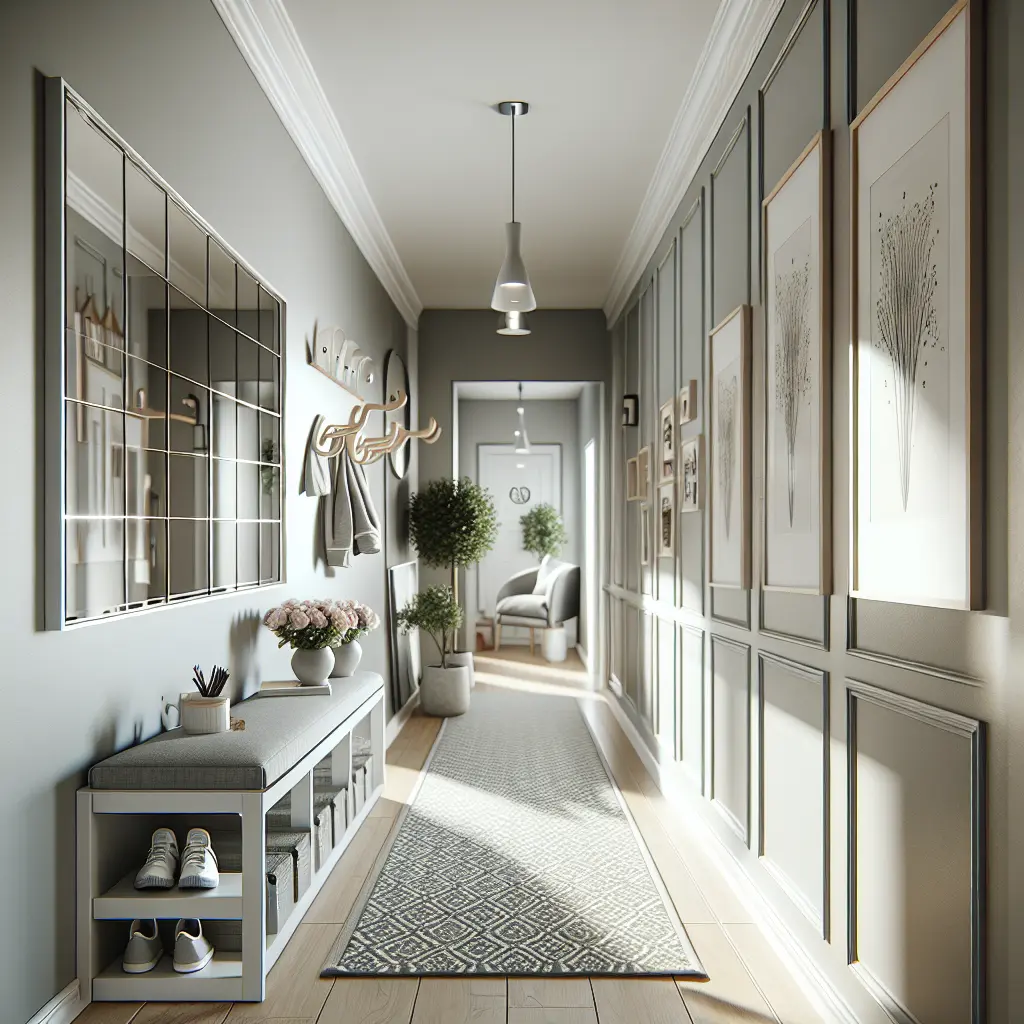 Sophisticated narrow hallway featuring a gallery wall, paneled walls, bench storage, and modern lighting with natural accents