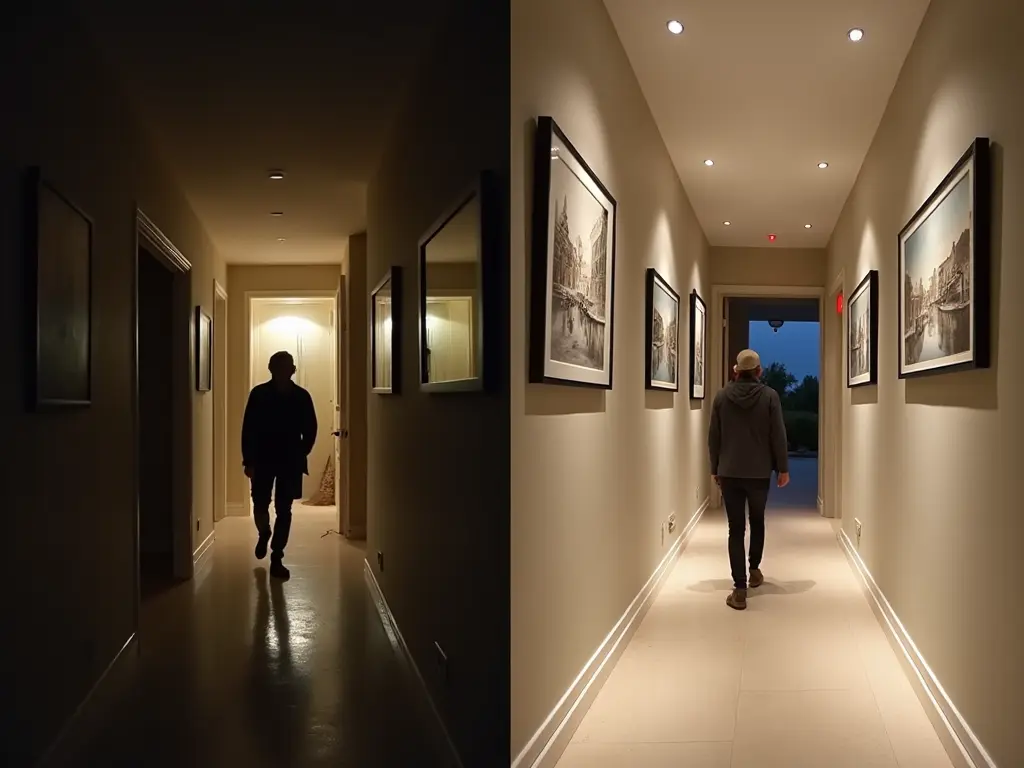 Split-view comparison of hallway lighting: dark, poorly lit corridor versus well-illuminated gallery hallway with proper artwork lighting.