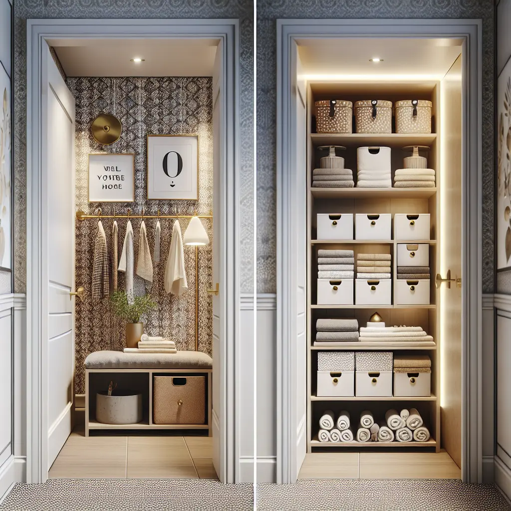 Side-by-side comparison of two hallway closets featuring decorative wallpaper, built-in lighting, and organized storage solutions