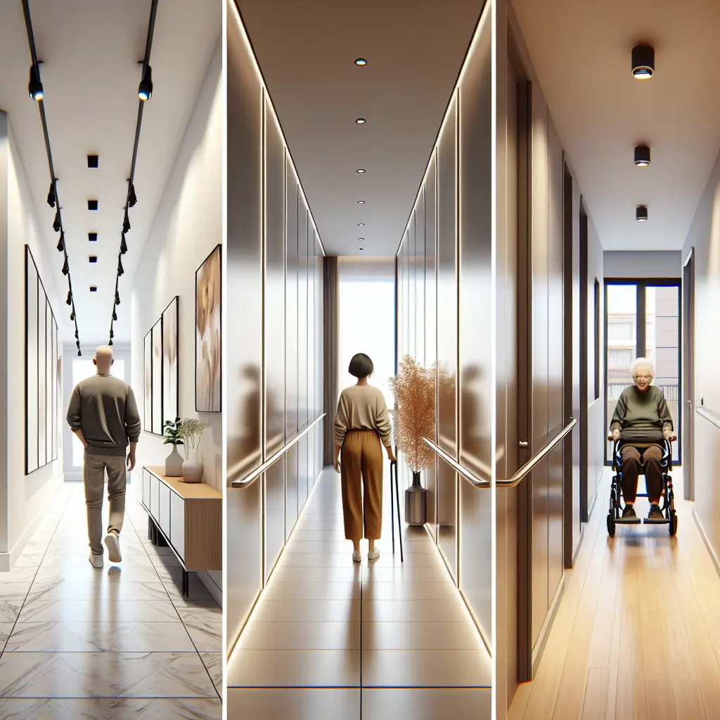 Three different hallway width configurations showing standard, luxury, and accessible design applications