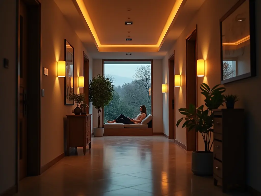 Hallway ending in a cozy window seat nook, featuring warm wall sconces, cove lighting, and natural light integration with indoor plants.