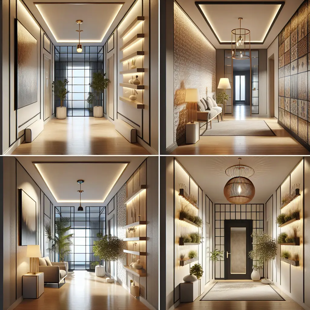 Modern luxury hallway designs showcasing different width configurations with floating shelves, ambient lighting, and minimalist decor