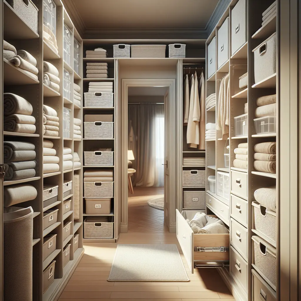 Organized walk-through linen closet with floor-to-ceiling shelving, neutral storage boxes, and neatly folded towels in cream and beige tones