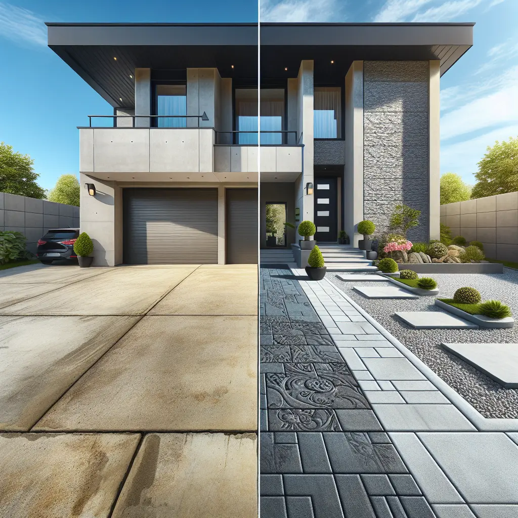 Split-view comparison of modern home entrance showing plain concrete driveway transformed into designer stamped concrete with decorative landscaping.