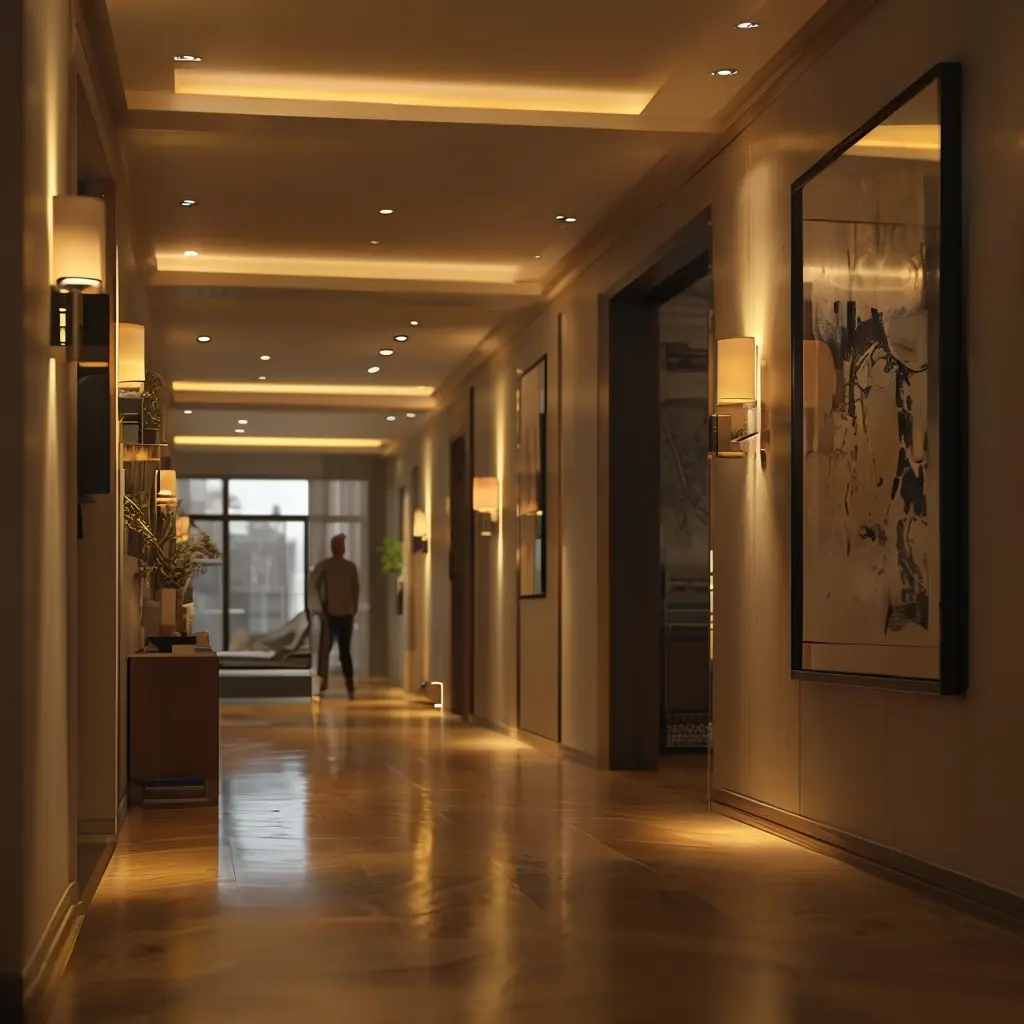 Modern residential hallway featuring layered lighting with recessed ceiling lights, wall sconces, and cove lighting, showcasing artwork and wooden flooring with warm ambient illumination.