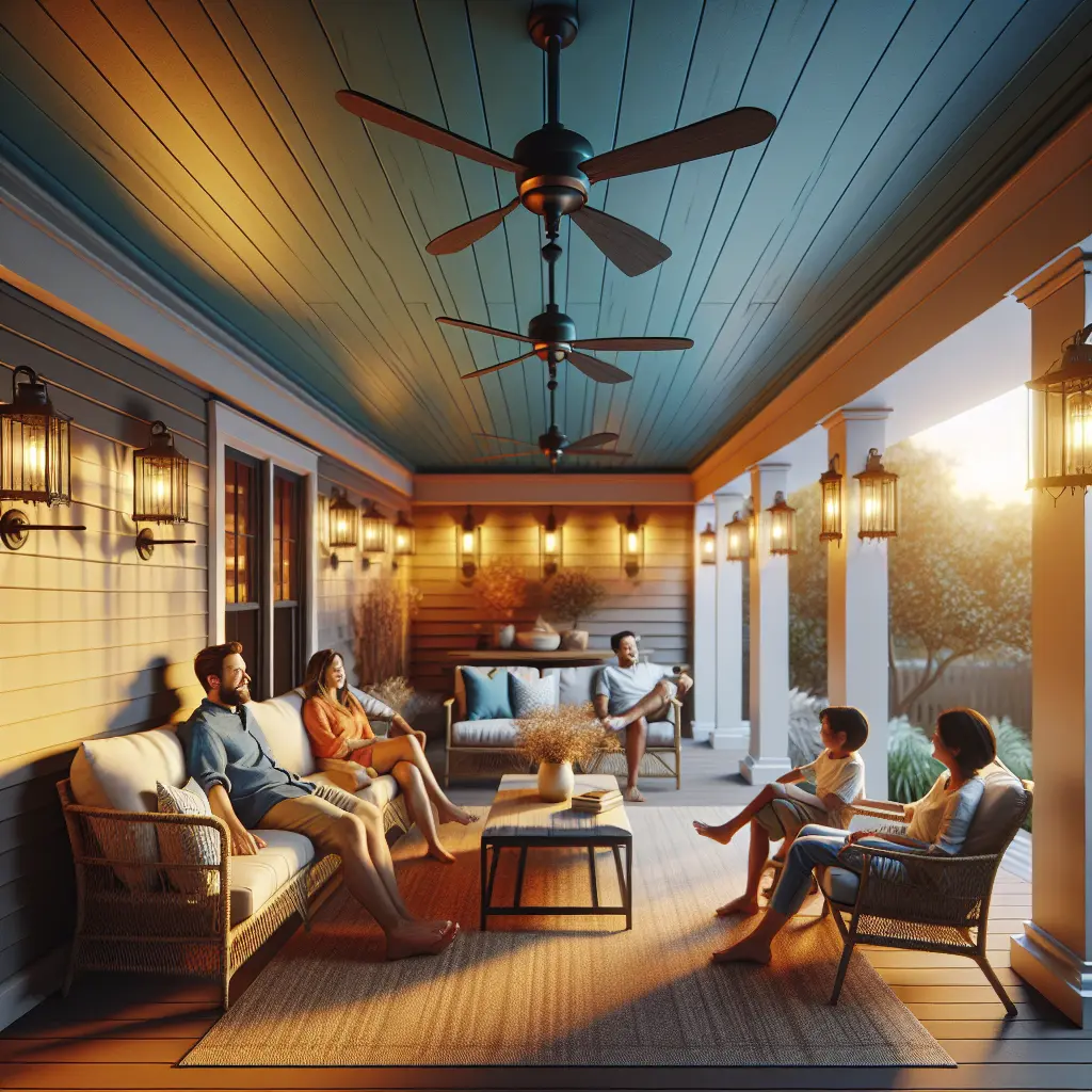 Family relaxing on a covered porch with haint blue ceiling, ceiling fans, and ambient lighting at sunset