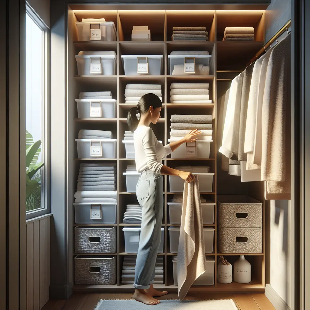  Woman organizing a well-lit linen closet with labeled storage containers and neatly folded towels next to a window