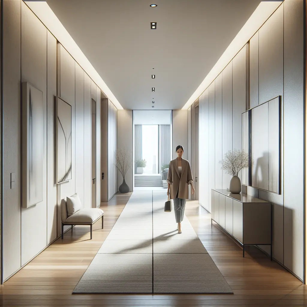 Spacious residential hallway with 48-inch width featuring modern minimalist design and natural lighting