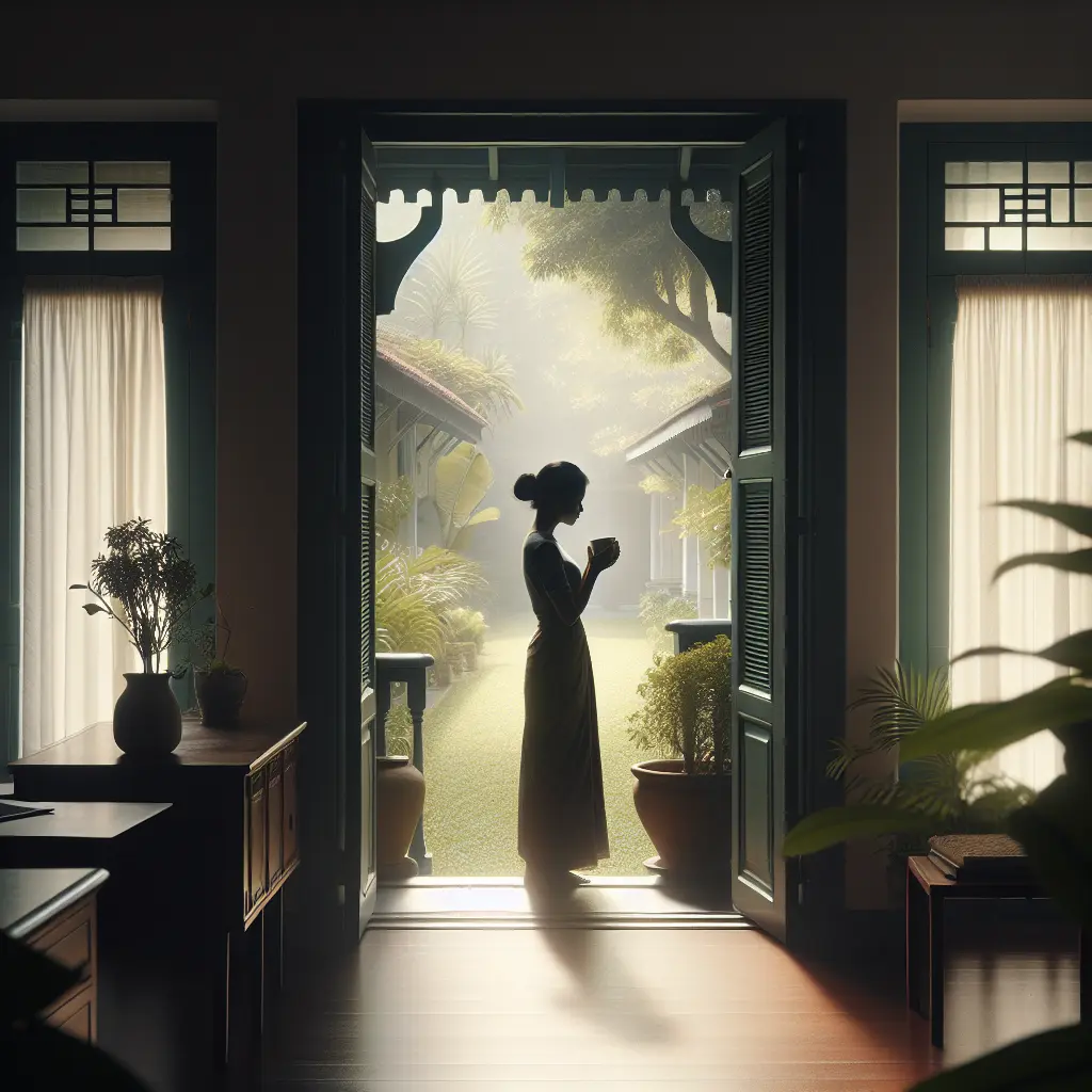 Silhouette of person holding coffee cup while standing in doorway of plant-filled porch at sunrise