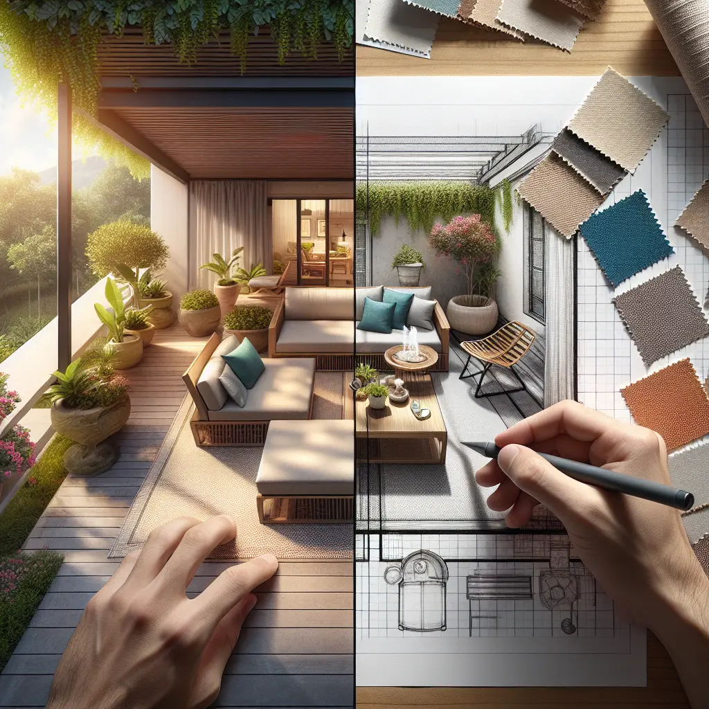 Split-panel image showing modern porch design with furniture and plants alongside interior design planning materials and fabric swatches