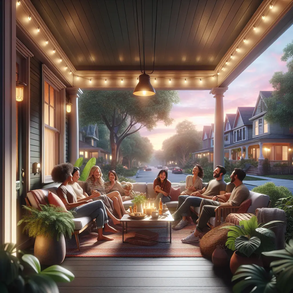 Diverse group of friends enjoying conversation on a well-lit front porch at dusk, surrounded by potted plants and string lights