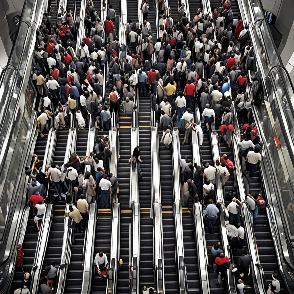 a group of people on escalators