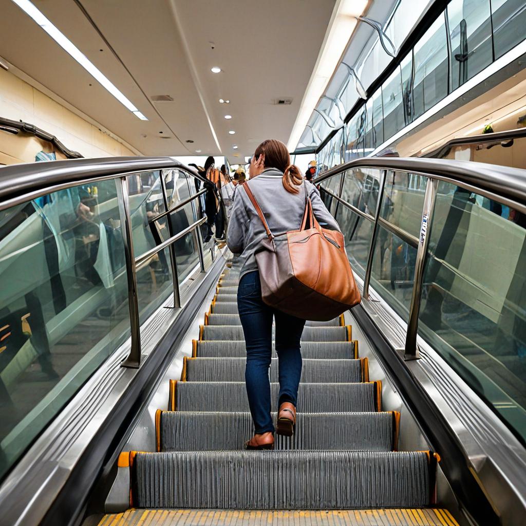 a woman walking up an escalator