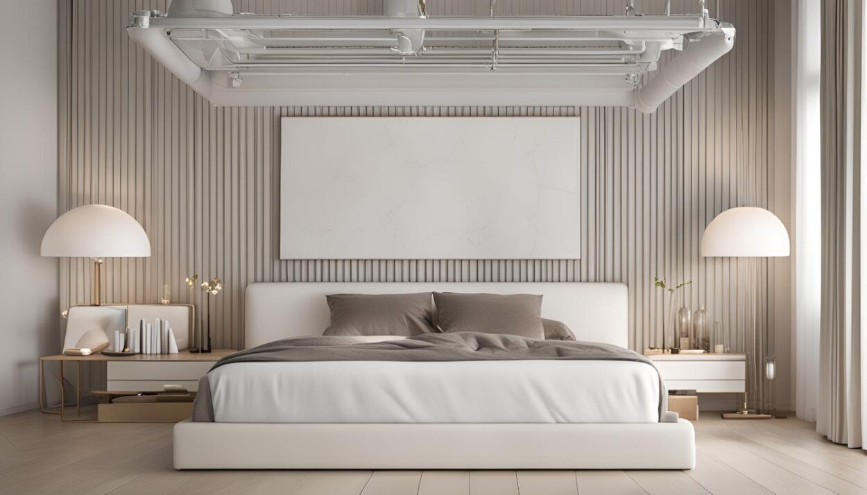 a bed with a white bed frame