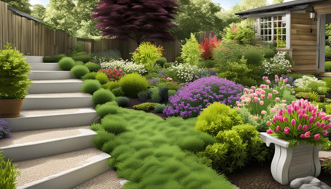 a garden with stairs and flowers