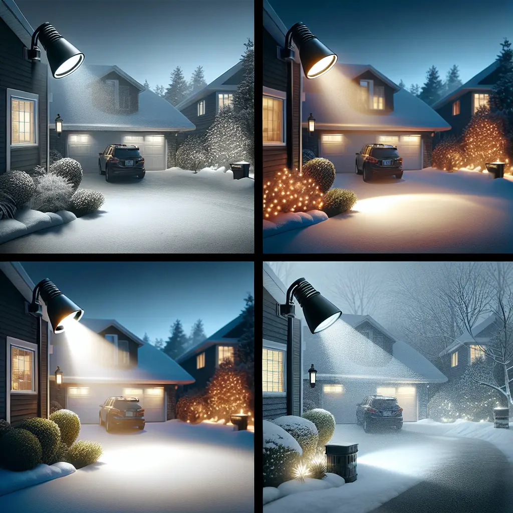 Four-panel comparison showing driveway security lighting performance in different weather conditions, featuring snow, rain, and varying visibility scenarios.