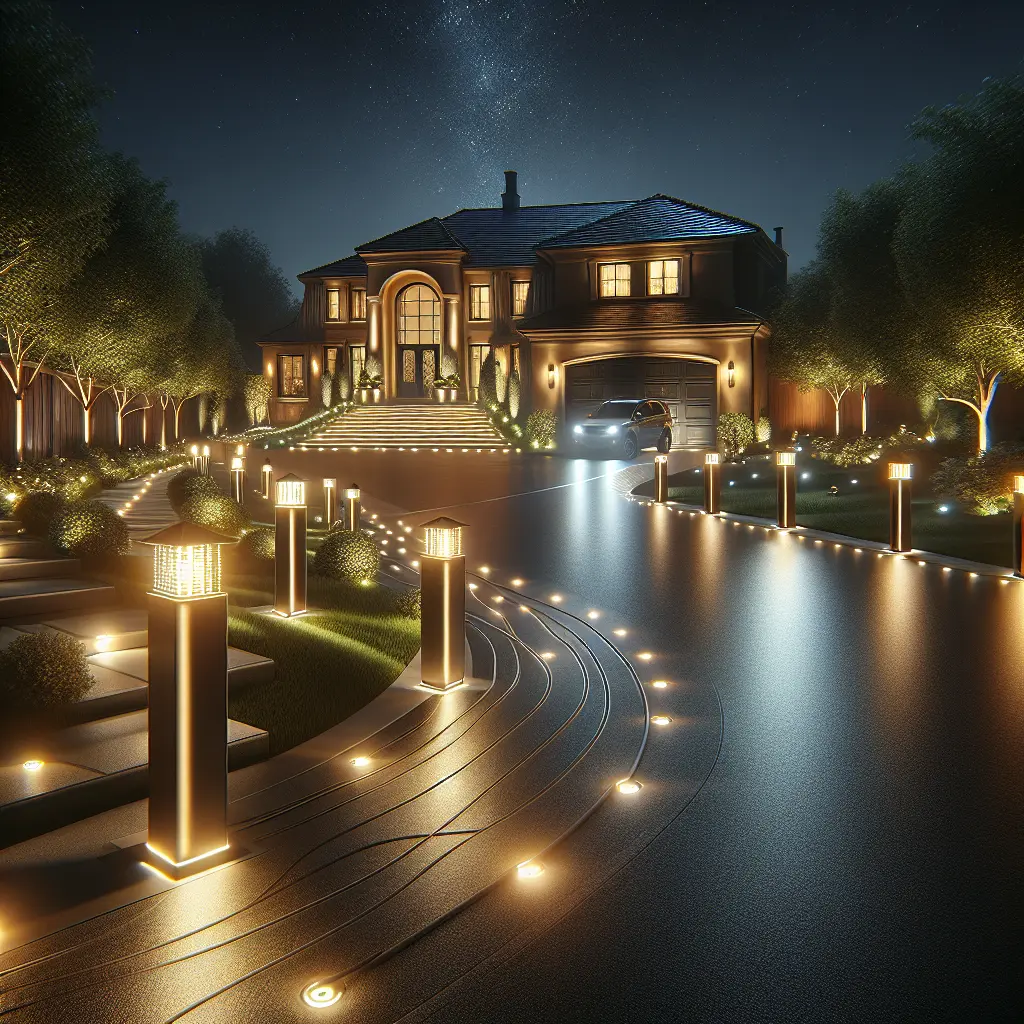 Elegant curved driveway with modern LED bollard lighting, landscape uplighting, and architectural illumination showcasing a luxury home at night under a starlit sky.