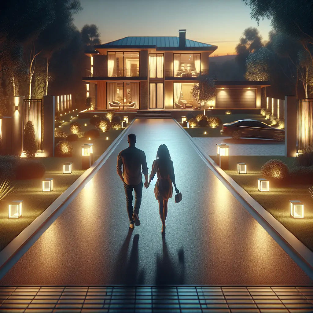 Silhouetted couple walking along an illuminated modern driveway with architectural lighting and landscape features at dusk.