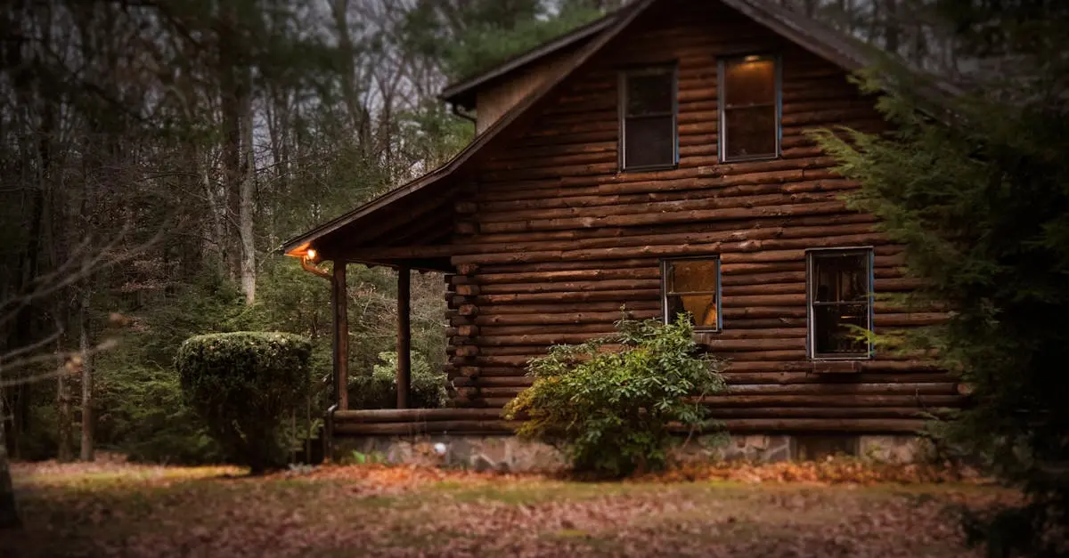 a log cabin with a porch and a porch light