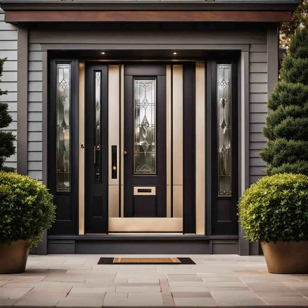 Modern black entrance door with decorative glass panels, gold accents, and symmetrical sidelights against gray siding, flanked by manicured topiary planters.