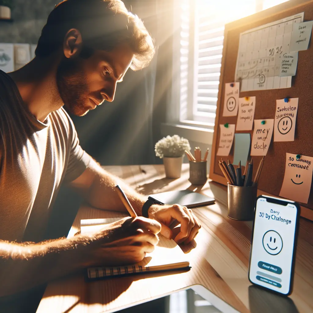 Person writing in journal at sunlit desk with planning board showing 30-day challenge notes and motivational sticky notes