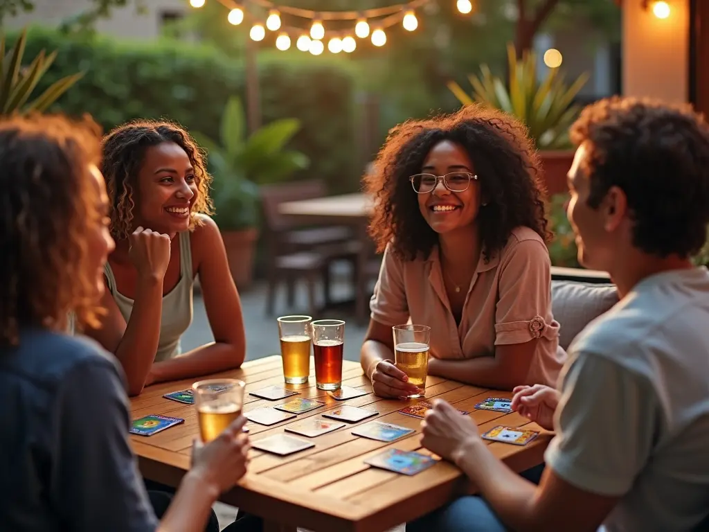 Diverse group playing Actually Curious card game on outdoor patio with string lights and refreshments.