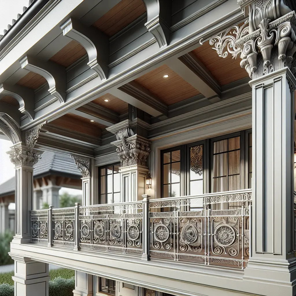 Ornate Victorian-style porch featuring detailed columns, decorative metal railings, and coffered wooden ceiling