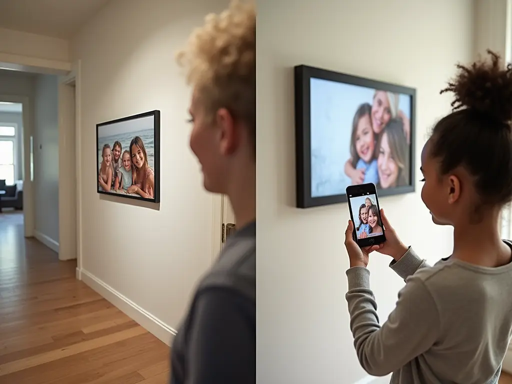 Split view of digital picture frame in hallway and child sharing photos via smartphone