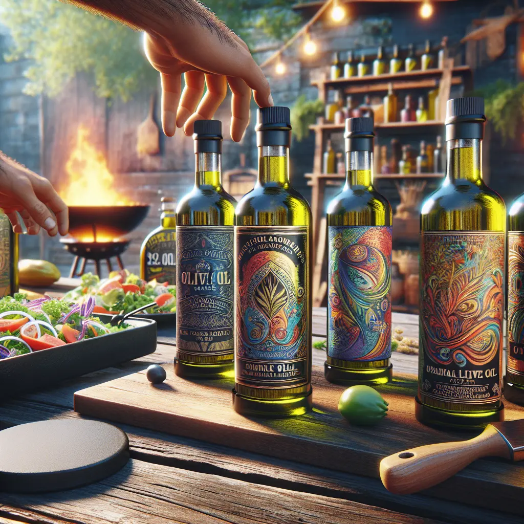 Artistically labeled olive oil bottles displayed outdoors with fresh salad and grill in background