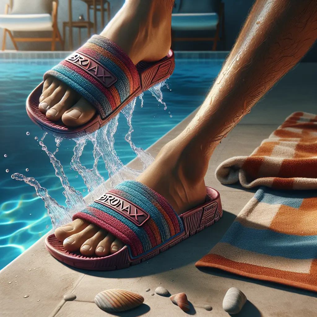 Colorful BRONAX slides by pool edge with water splashes and decorative seashells