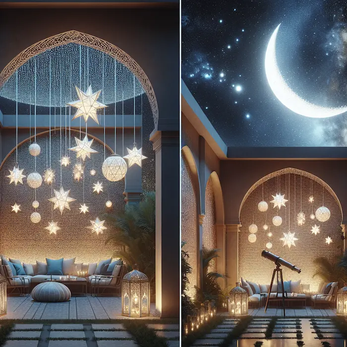 A celestial-themed courtyard with star-shaped lanterns hanging from above and a crescent moon archway under a starry night sky.