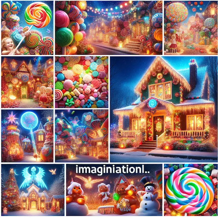 A collage-style image displaying colorful candyland-themed holiday porch decor with oversized candy decorations, bright lights, and whimsical elements.