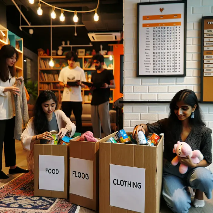 People organizing a donation drive with boxes labeled food, clothing, and a misspelled "floog," in a communal space.