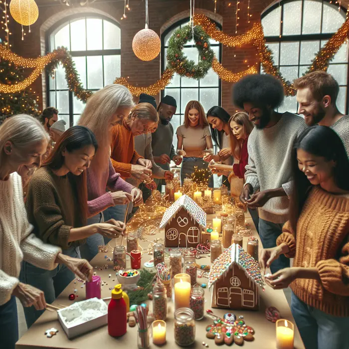 A group of diverse residents decorating a communal space with gingerbread houses, candles, and festive garlands during a winter holiday event.