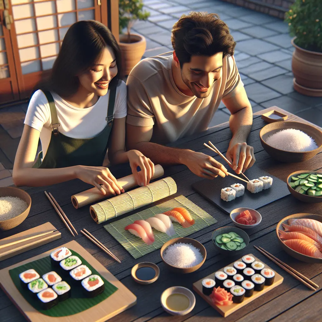 Young couple preparing homemade sushi together on outdoor patio, with fresh ingredients and traditional bamboo rolling mats laid out on wooden table.