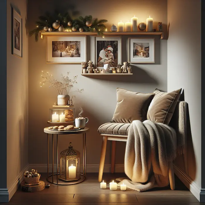 A cozy hallway corner nook with a bench, plush throw blanket, side table with candles and cookies, and holiday-themed artwork above.