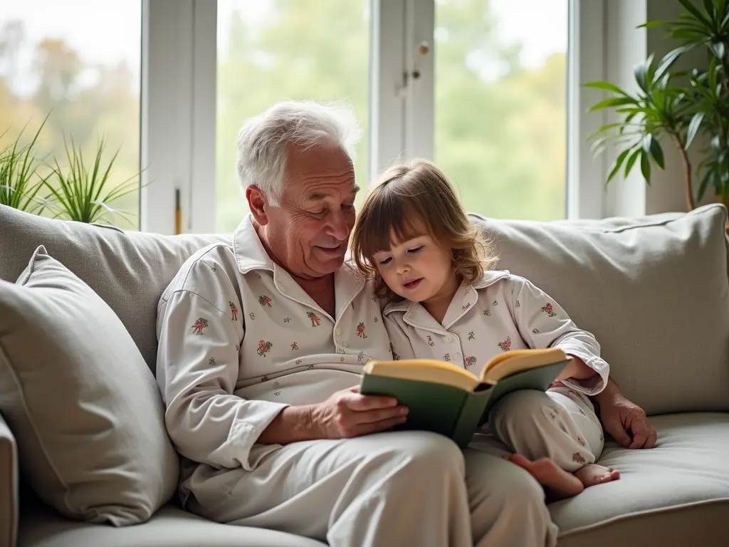 Grandfather and grandchild in matching floral pajamas reading book together on gray couch