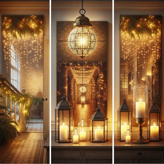 A cozy hallway decorated for the holidays with string lights, lanterns, and candles, creating a warm and inviting atmosphere.