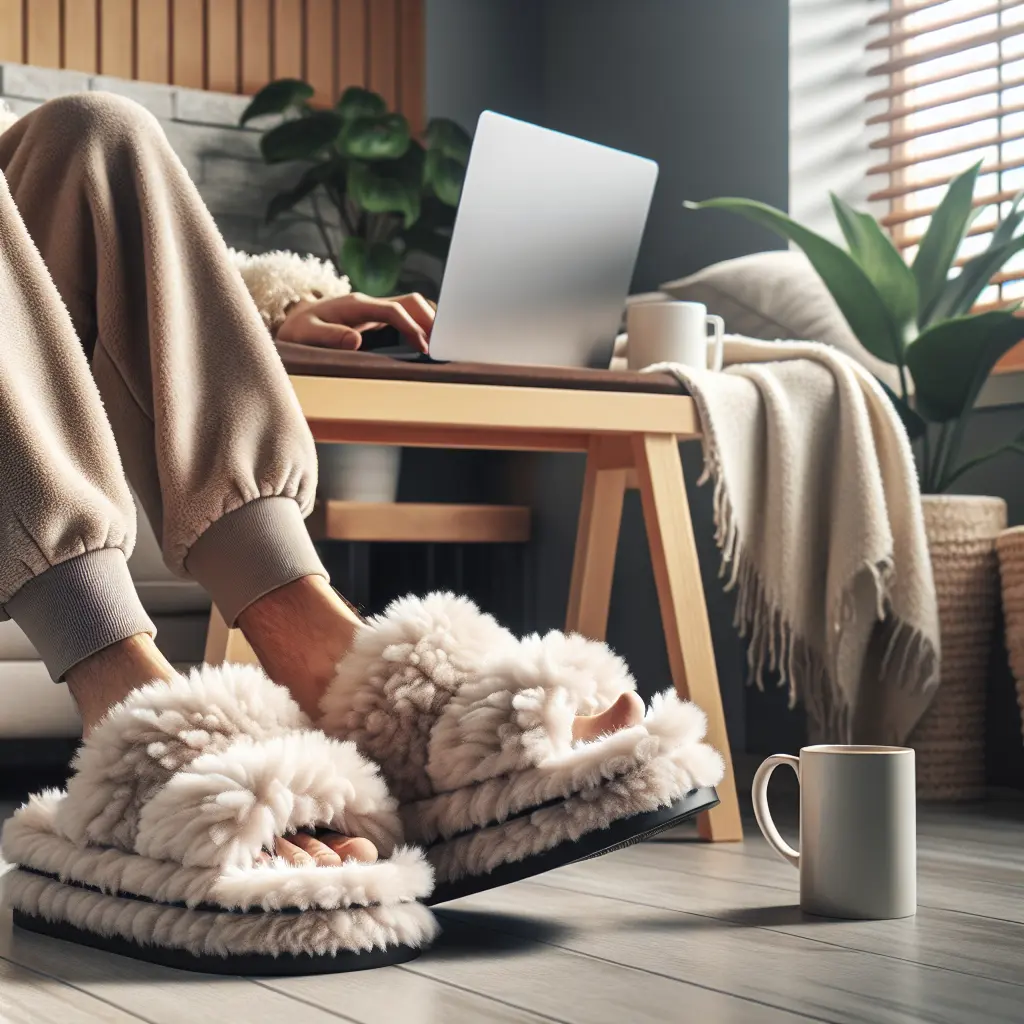 Comfortable home office setup with fluffy white slippers, laptop, coffee mug, and indoor plants creating a cozy remote work environment.