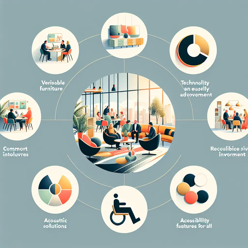 Circular infographic illustrating eight key principles of flexible communal space design, including versatile furniture, technology integration, and accessibility features.