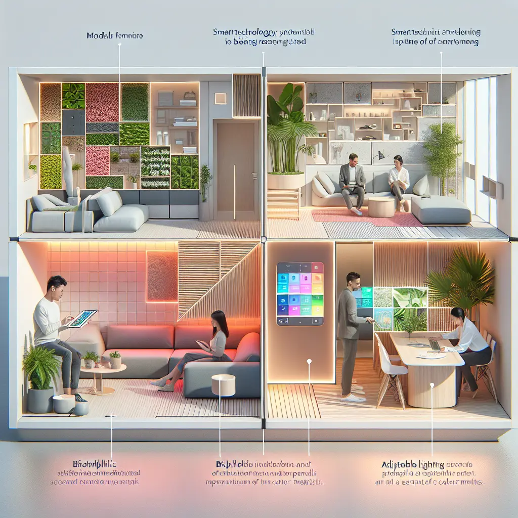 Four-panel visualization showing smart technology integration, modular furniture, biophilic elements, and adaptable lighting systems in modern communal spaces.