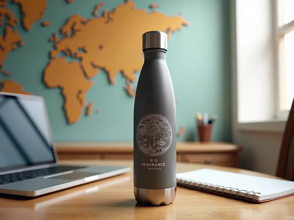 Personalized insulated water bottle with etched design against world map wall decor in home office.