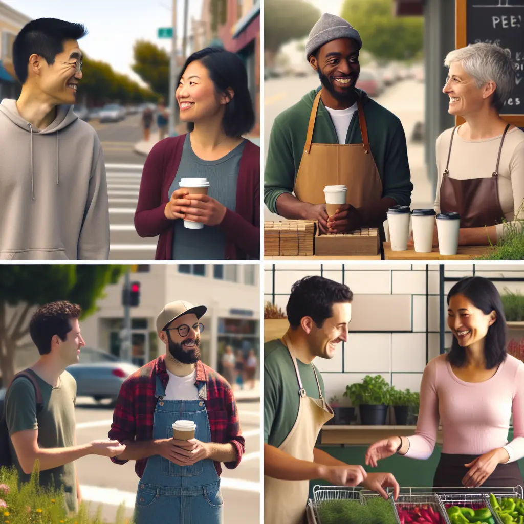 Four-panel image showing diverse people engaging in casual conversations at coffee shops and community spaces