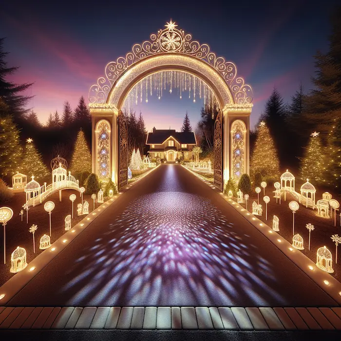 A grand driveway decorated with a large, glowing archway and intricate holiday lights leading to a house, creating a magical holiday ambiance.